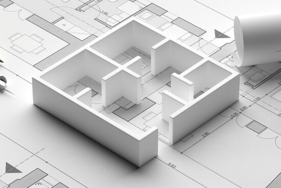 3D model of a building sitting on top of building layout design