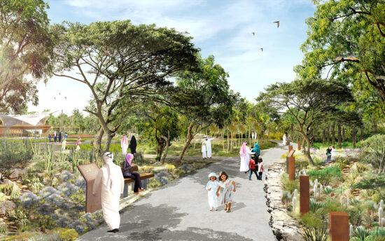 rendering of pedestrians in an arboretum with signage