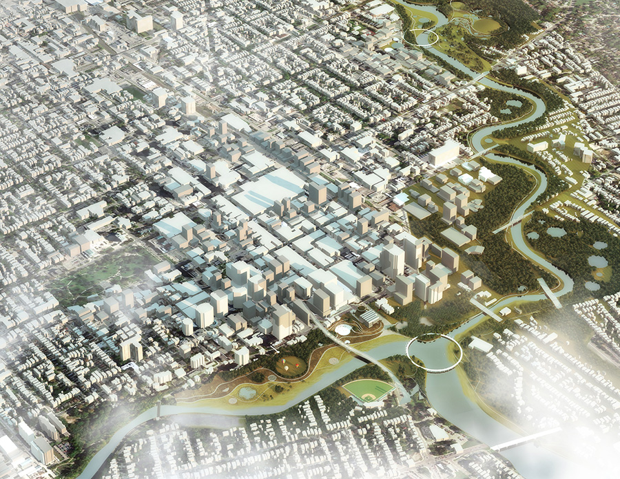 Rendering of the Thames river park area