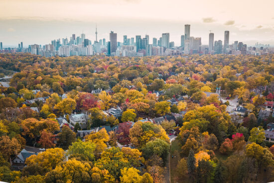 Aerial view of Toronto from the a residential area looking toward downtown