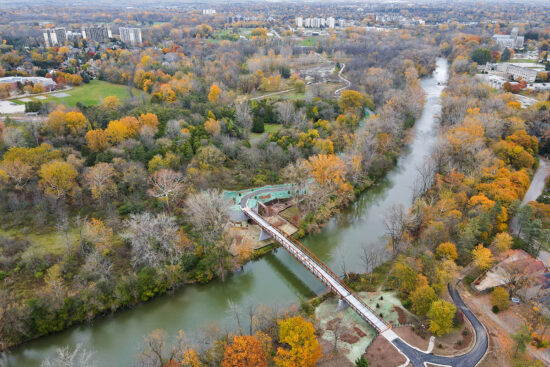 Aerial view of the Thames river and valley parkway