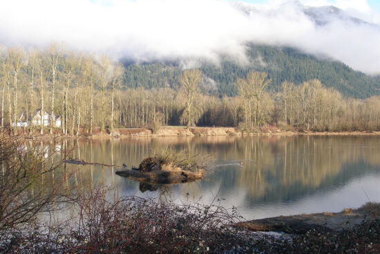 Scenic view of misty mountain behind a river