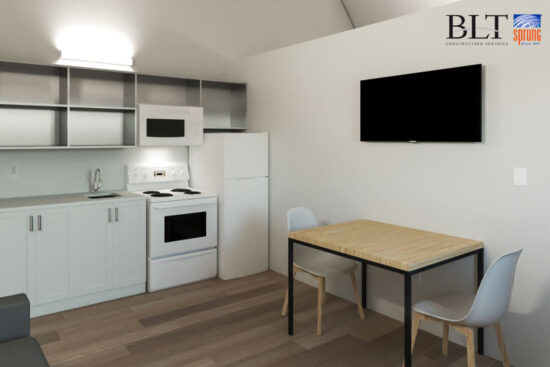 Rendering of the kitchen and lounge area
