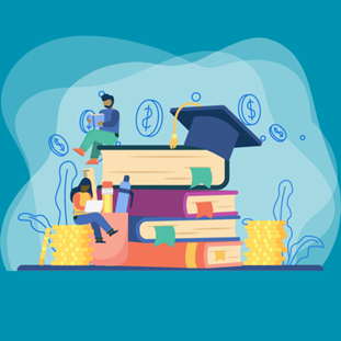 Illustration of students sitting on books, with a graduation hat off to one side.