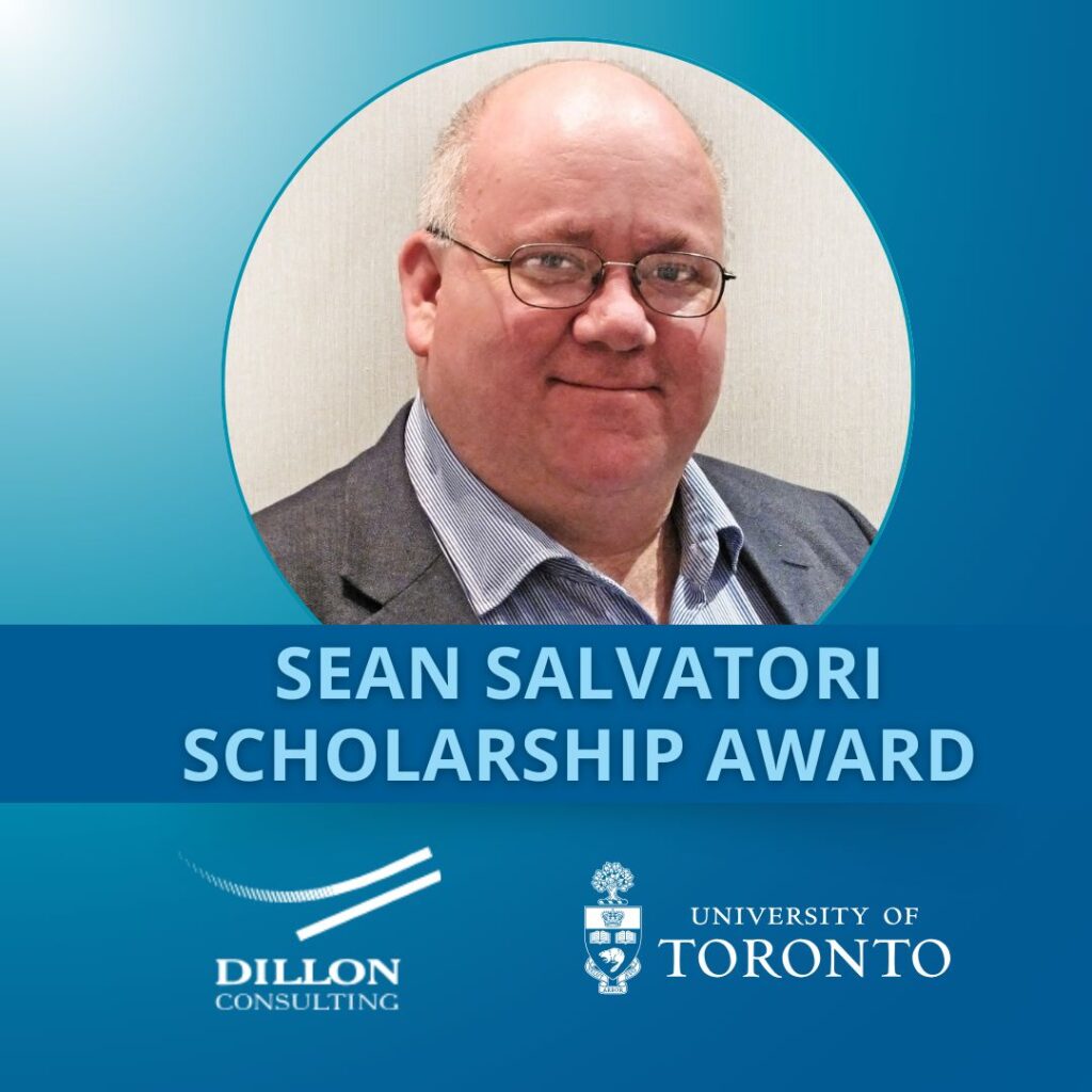 Headshot of Sean Salvatori, overlaid with the text "Sean Salvatori Scholarship Award" along with the Dillon and University of Toronto logos.